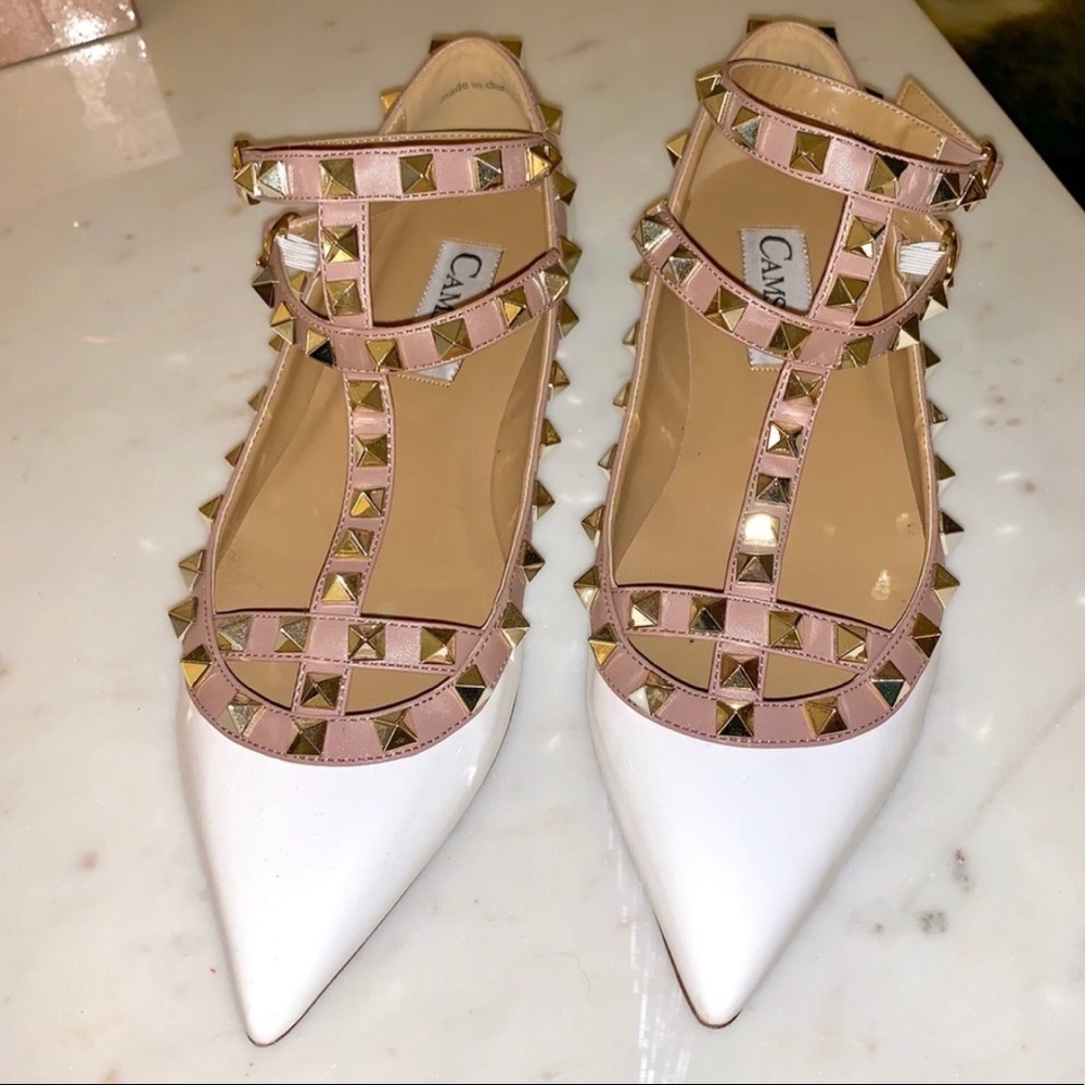 NEW~CAMSSOO Metal Studs Strappy Buckle Flats